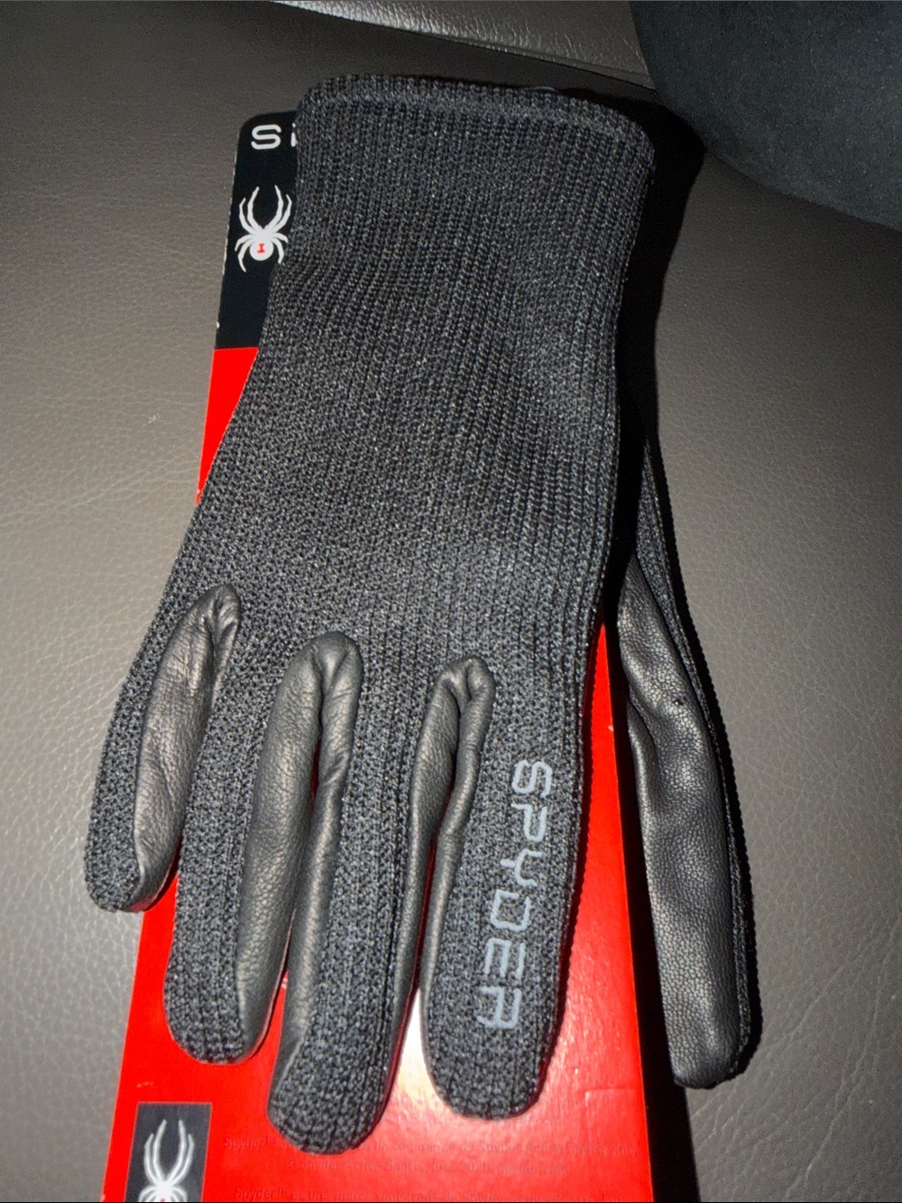 Spyder Men's Black Knit Gloves with Leather Fingertips